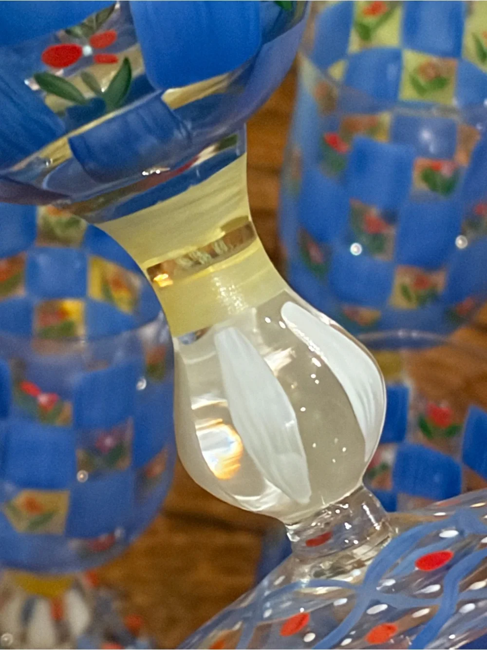 11 Glass Goblets Hand Painted Blue & light Green Checkered With Petal Flowers